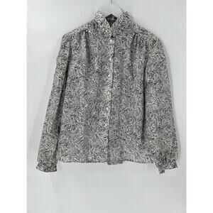 Cape Cod Match Mates Vintage Blouse Womens 14 Black White Leaf Pussybow Neck